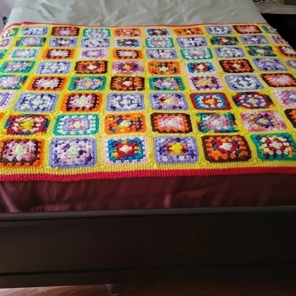 Vintage Granny Square Afghan Throw Blanket Rainbow Multi color Boho Handmade - Picture 6 of 14
